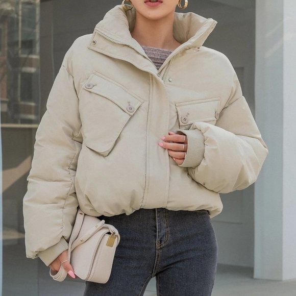 MODA ME COUTURE Jackets & Blazers - beige double flap pocket puffer jacket streetwear gorpcore classic